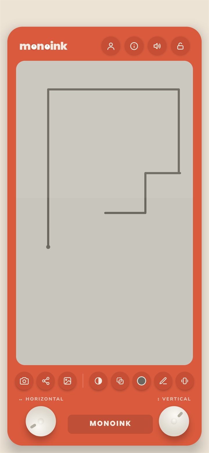 The monoink draw screen in the Classic Red theme, a single unbroken line stepping across the grey board