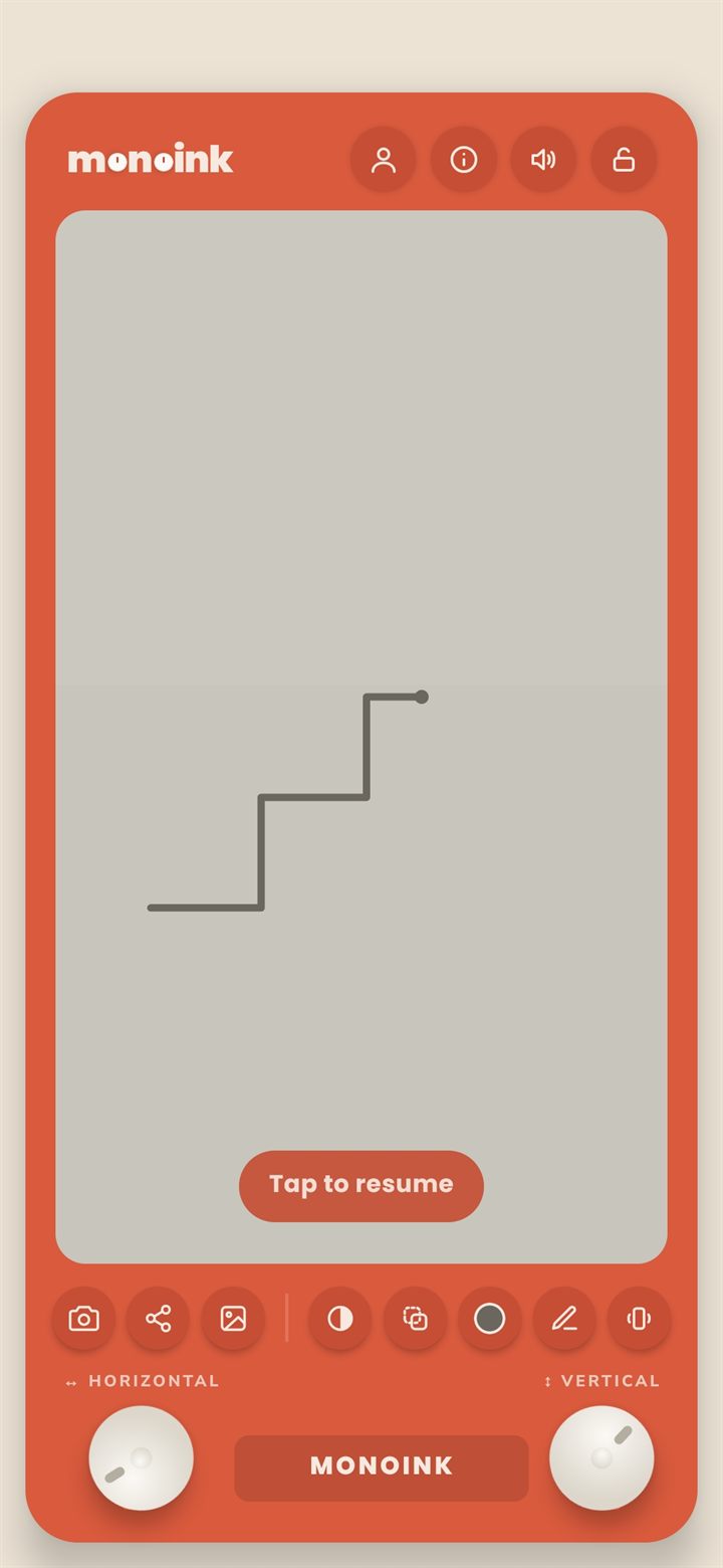 The monoink idle screensaver drawing the logo staircase, with a Tap to resume pill