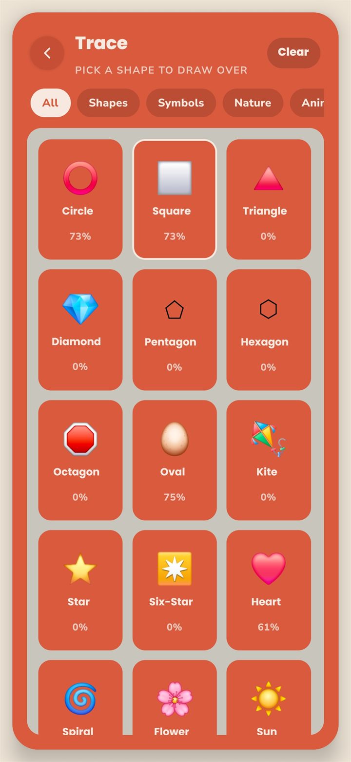 The monoink trace picker, showing category chips and a grid of shapes with best scores beneath each